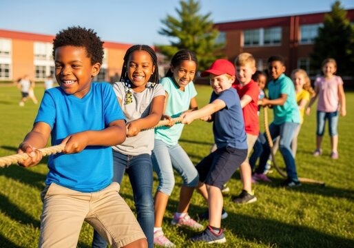 Children playing tug-of-war on a sunny school day