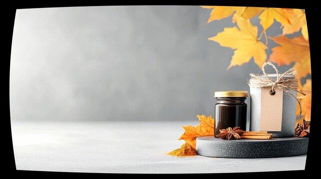 A still life composition featuring two jars, spices like star anise and cinnamon sticks, and vibrant autumn leaves against a soft gray background.