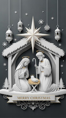 White Paper Art Nativity Scene for Christmas Holiday Greeting Card Design