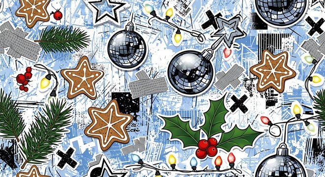 Seamless pattern with christmas ornaments, gingerbread stars, pine branches, and string lights on a textured blue background, evoking a festive holiday mood