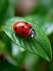 Fototapeta premium Ladybug on a green leaf with a vibrant background.
