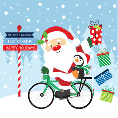 Christmas card with santa and penguin riding bicycle