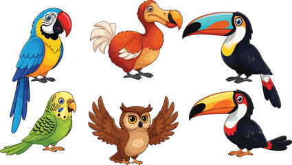 Colorful cartoon tropical birds collection, parrot, toucan, dodo, owl, budgie, exotic jungle animals, cute wildlife illustration set for design