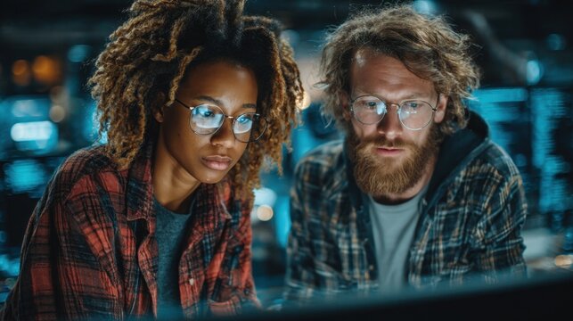 Two young engineers analyze Artificial Intelligence software on a laptop in a High Tech Research Office while discussing their work - Powered by Adobe