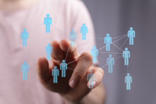 Hand interacting with digital network of people. Modern communication concept, connection, social media, techno - Powered by Adobe