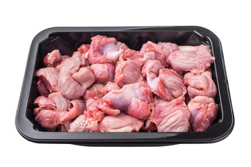 Raw chicken gizzards in a black tray against a clean white background — ideal for food catalogues...