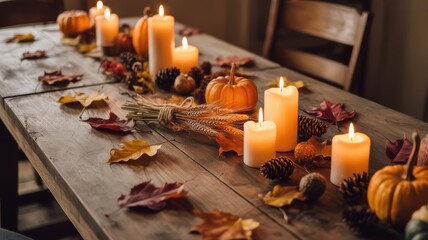 Thanksgiving table setting with pumpkins candles and autumn leaves