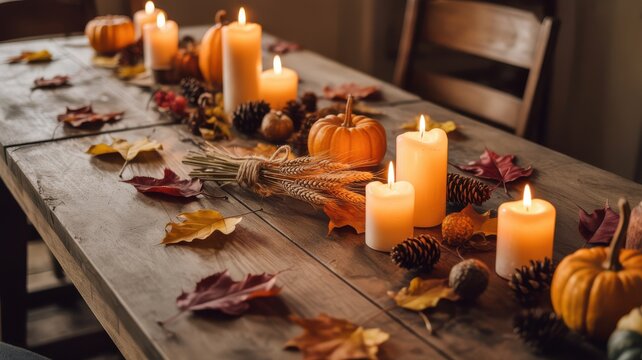 Thanksgiving table setting with pumpkins candles and autumn leaves