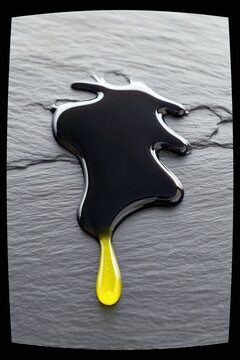 A dark, viscous liquid spills onto a textured gray surface, with a single bright yellow drop hanging from its edge.