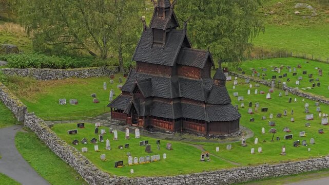 Historic Borgund Stave Church seen from the sky with intricate wooden features, Norway