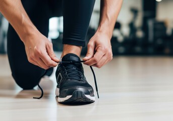 Man tying shoelaces before workout in gym, close-up shot of hands and sneakers
