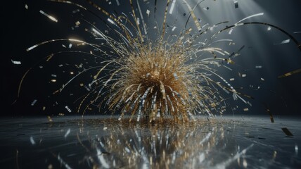 Golden and silver confetti explosion on reflective surface