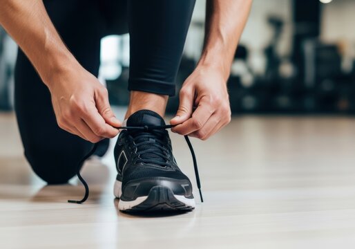 Man tying shoelaces before workout in gym, close-up shot of hands and sneakers