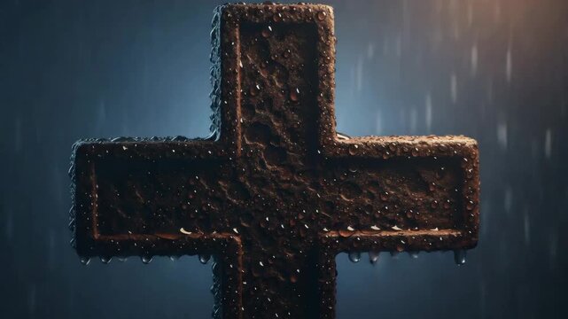 Wet stone cross in heavy rain illuminated by cold light &mdash; dark cinematic horror atmosphere symbolizing mystery, faith, and fear in a graveyard night scene