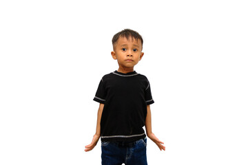 Full-body shot of a confused young Asian boy shrugging with hands open, isolated on a white background