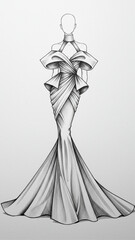 Dramatic Couture Gown Fashion Sketch with Ruffled Sleeves and Draping Detail