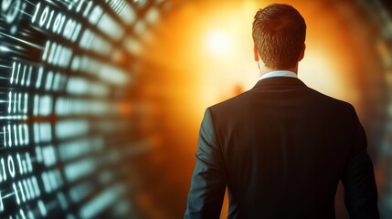Businessman in suit viewed from behind, facing glowing binary code on screen, symbolizing data analysis, digital transformation or tech leadership.