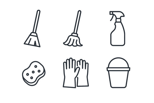 Minimalist cleaning tools lineup: broom, mop, spray bottle, sponge, gloves, bucket icons