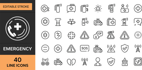 Emergency line icons set, editable stroke, first aid kit, fire extinguisher, ambulance, SOS, alert, hazard warning, safety, medical rescue collection
