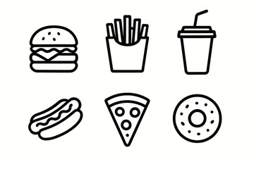 Minimalist fast food icons: burger, fries, drink, hot dog, pizza, donut line art