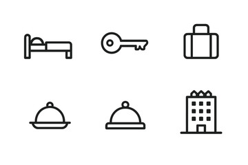 Hotel icon set: bed, key, suitcase, dish, building symbols