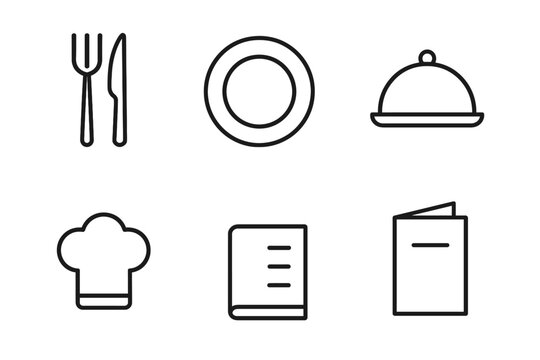 Minimalist line icons for cooking and dining: cutlery, plate, chef hat, recipe book, menu