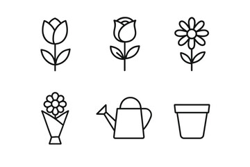 Minimalist flower and gardening icons featuring tulip, rose, daisy, watering can, bouquet, and pot