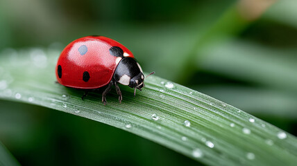Obraz premium Ladybug on a dewy leaf in a natural outdoor setting.