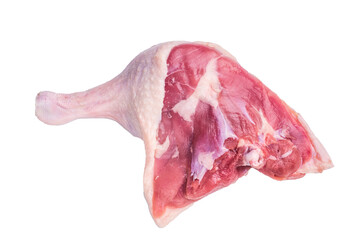 A raw duck leg lies on a pristine white background, highlighting its texture and natural color.