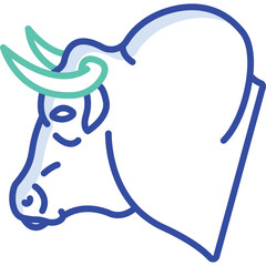 Minimalist Blue Line Art Illustration of a Bull Head Profile with Teal Horns Against a Transparent Background