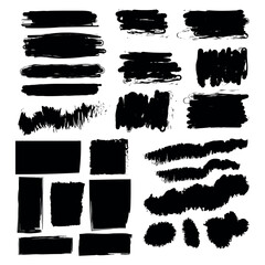 Hand drawn black ink brush strokes, grunge textures and shapes set