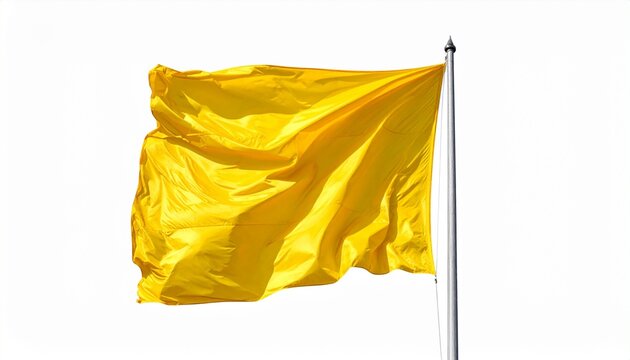 Bright yellow flag waving on silver pole with pointed finial, plain white background, lightweight fabric in motion.