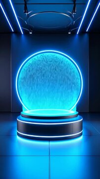 Abstract neon glowing circle waterfall display on futuristic platform, bathed in blue light, clean minimalist style, clean stage for product promotion.