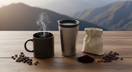 Fresh brewed coffee with steam and natural background