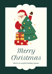 Christmas Greeting Card with Santa, Christmas Tree and Gift Illustration