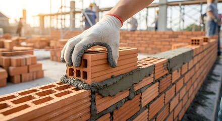 Construction worker building brick wall