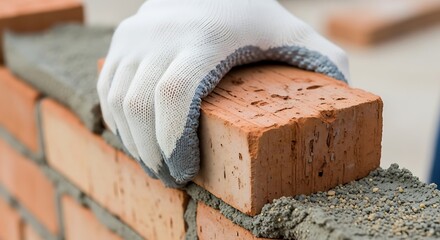 Worker building red brick wall with cement