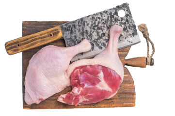 Uncooked duck legs presented on a wooden cutting surface, a sturdy cleaver adds a touch of culinary drama against a pristine white background.