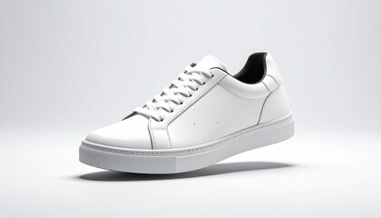 Minimalist white sneaker on light gray background, low-top design with clean lines and subtle stitching.