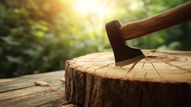 An axe, embedded in a tree stump, with the sun shining behind green foliage