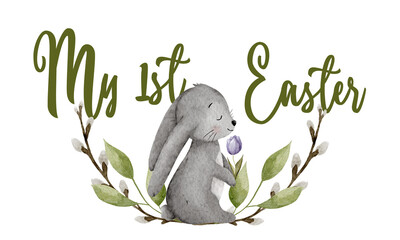 Watercolor cute grey bunny with egg and spring greenery for baby first Easter illustration