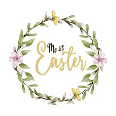 Watercolor spring floral wreath with pastel greenery and soft flowers for baby first Easter design
