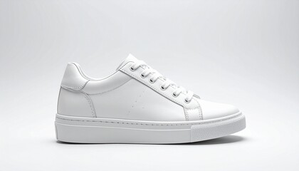 Minimalist white sneaker on light gray background, low-top design with clean lines and subtle stitching.