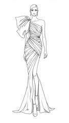 Black and white fashion sketch of a model wearing a high-slit, one-shoulder formal dress.