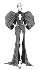 Black and White Fashion Sketch of a Glamorous Evening Dress
