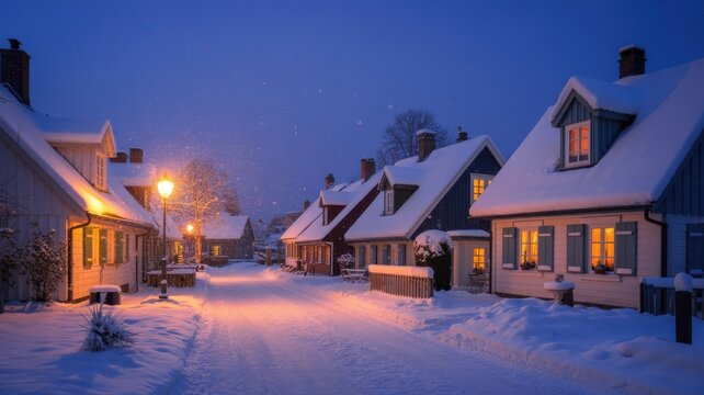 Snow covered village street with glowing windows at dusk - Powered by Adobe