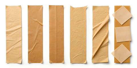 Assortment of brown paper tape pieces with wrinkled textures for crafting, packaging, and design projects