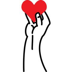 Minimalist Black Outline Hand Holding Red Heart Symbol Transparent Background Simple Line Art Graphic Design