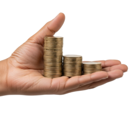 Close-up of a hand holding stacks of gold coins, representing wealth and finance.