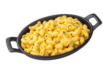 Savory mac and cheese presented in a cast iron dish, minimal white background highlights the rich...